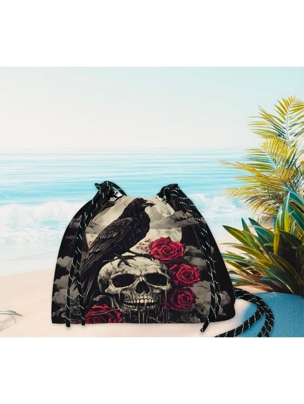 New - Vintage - Skull & Raven w/Roses Design Drawstring Crossbody /Shoulder Bag - Picture 4 of 5